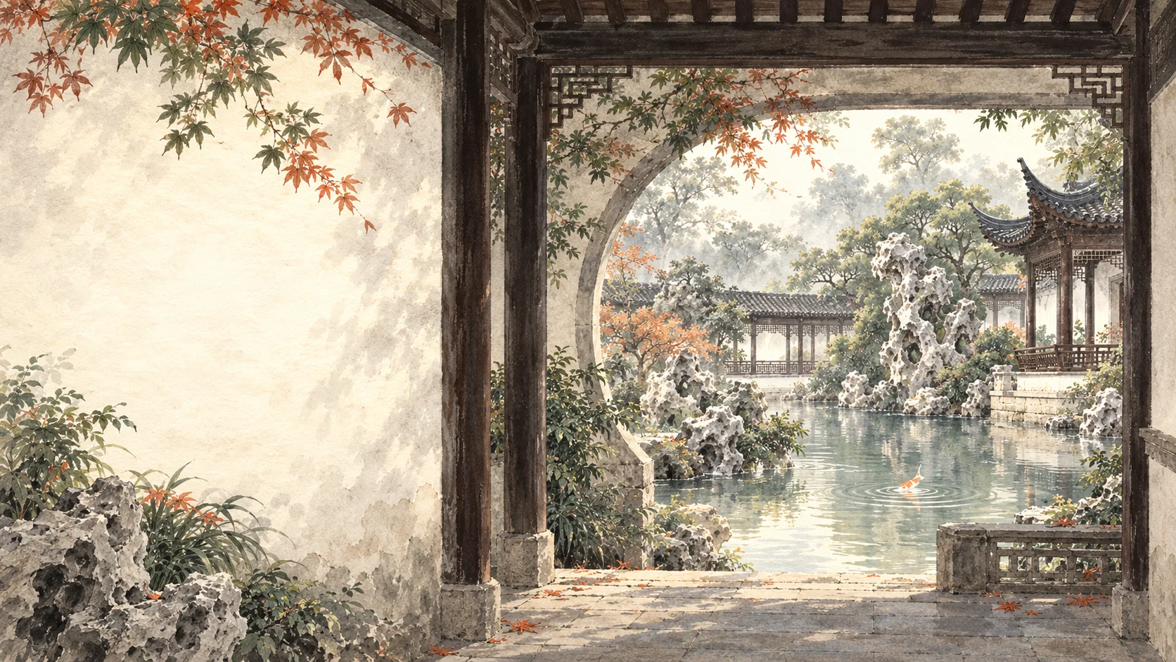 An ink-painted garden through a timber gallery and moon gate, with a koi pond and limestone rockery.